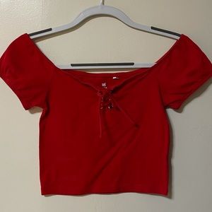 Me to We slightly off the shoulder red crop top